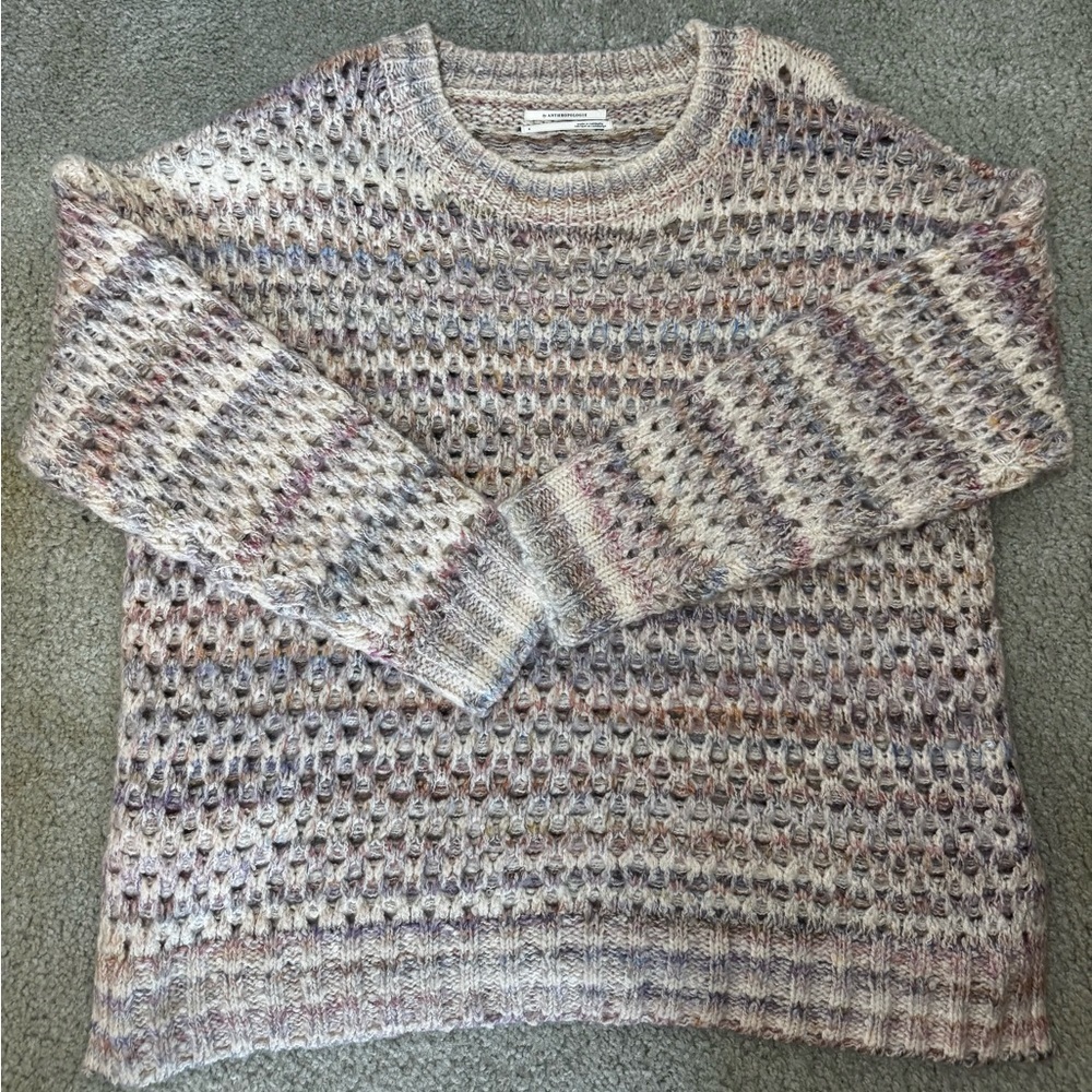 Anthropologie Cream and Purple Knit Sweater- open weave- comfy vibe